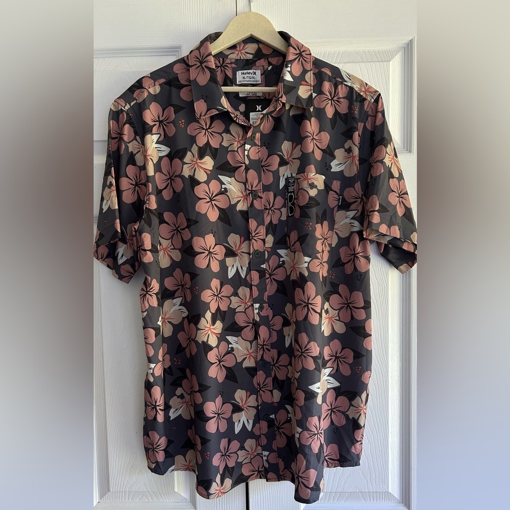 Hurley Floral Casual Button Down Shirt - Black and Pink